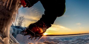 Ice climbing at sunset.
